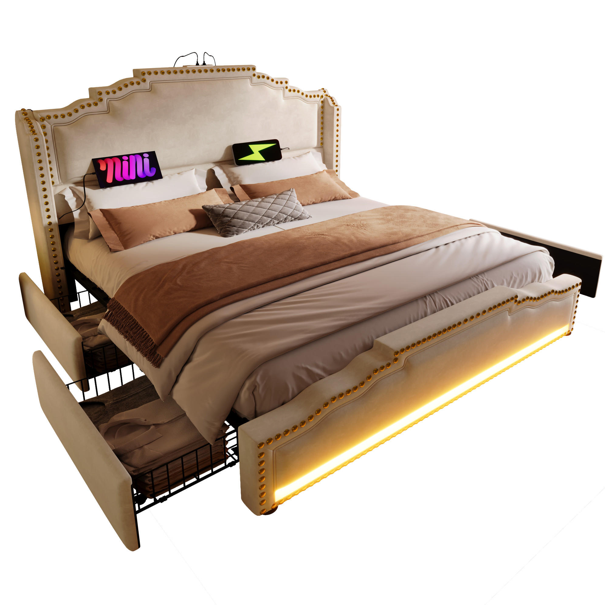 OKWISH ČALOUNĚNÁ postel 140/200 cm béžová ze sametu s matrací LED osvětlením USB-C a 4 zásuvkami