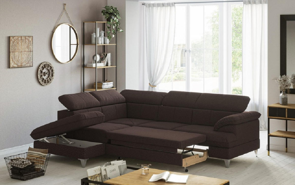 ECKSOFA mit Schlaffunktion und Bettkasten, verstellbare Kopfstützen - Chromfarben/Dunkelbraun, Textil/Metall (256/208cm) - Cotta