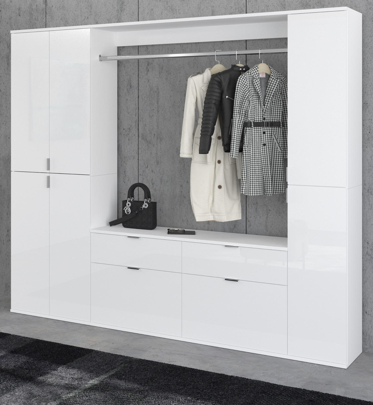 GARDEROBENSCHRANK weiß Hochglanz 212 cm, 21 Fächer, Schuhschrank - Chromfarben/Weiß Hochglanz, Holzwerkstoff/Metall (212/193/34cm) - Inn.Furn