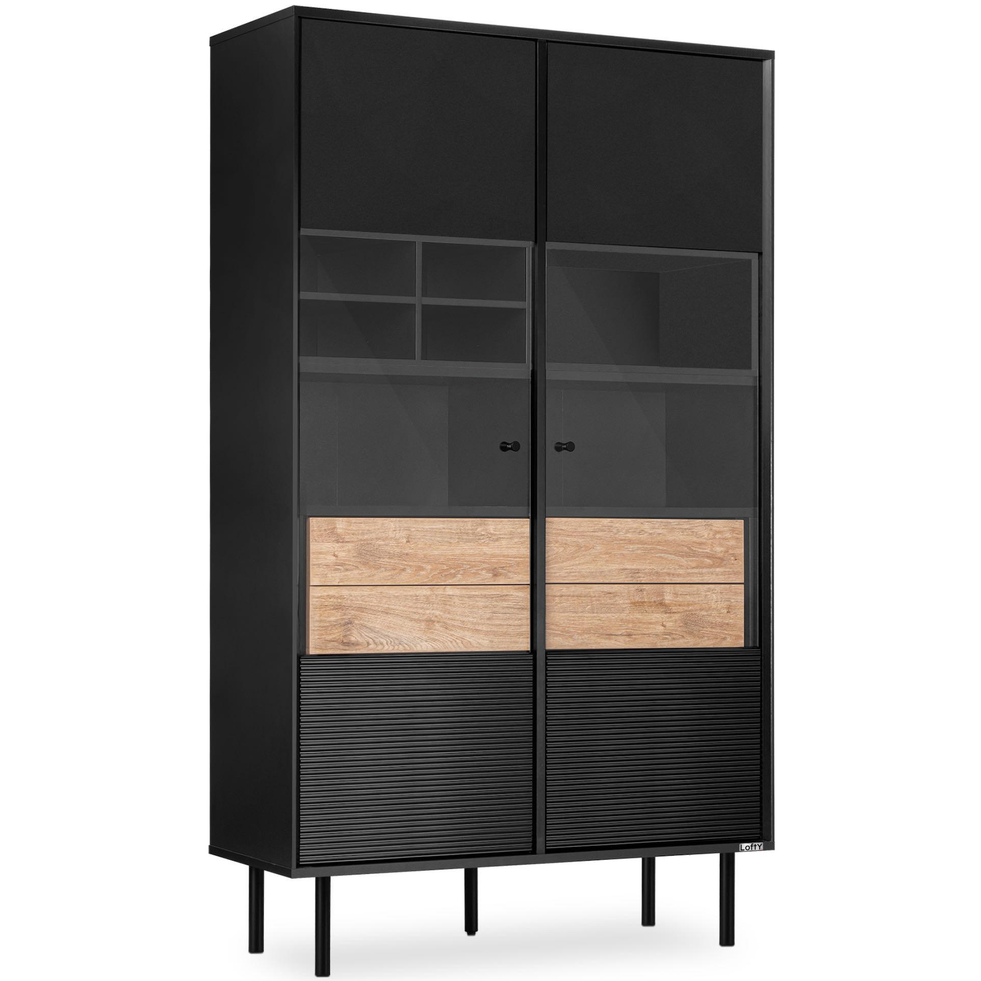 VITRINE LOFTY Kreuz/Außenseiteneinlage, schwarz / Eiche natur - Eichefarben/Schwarz, Holzwerkstoff (102/174/41cm) - KONSIMO®