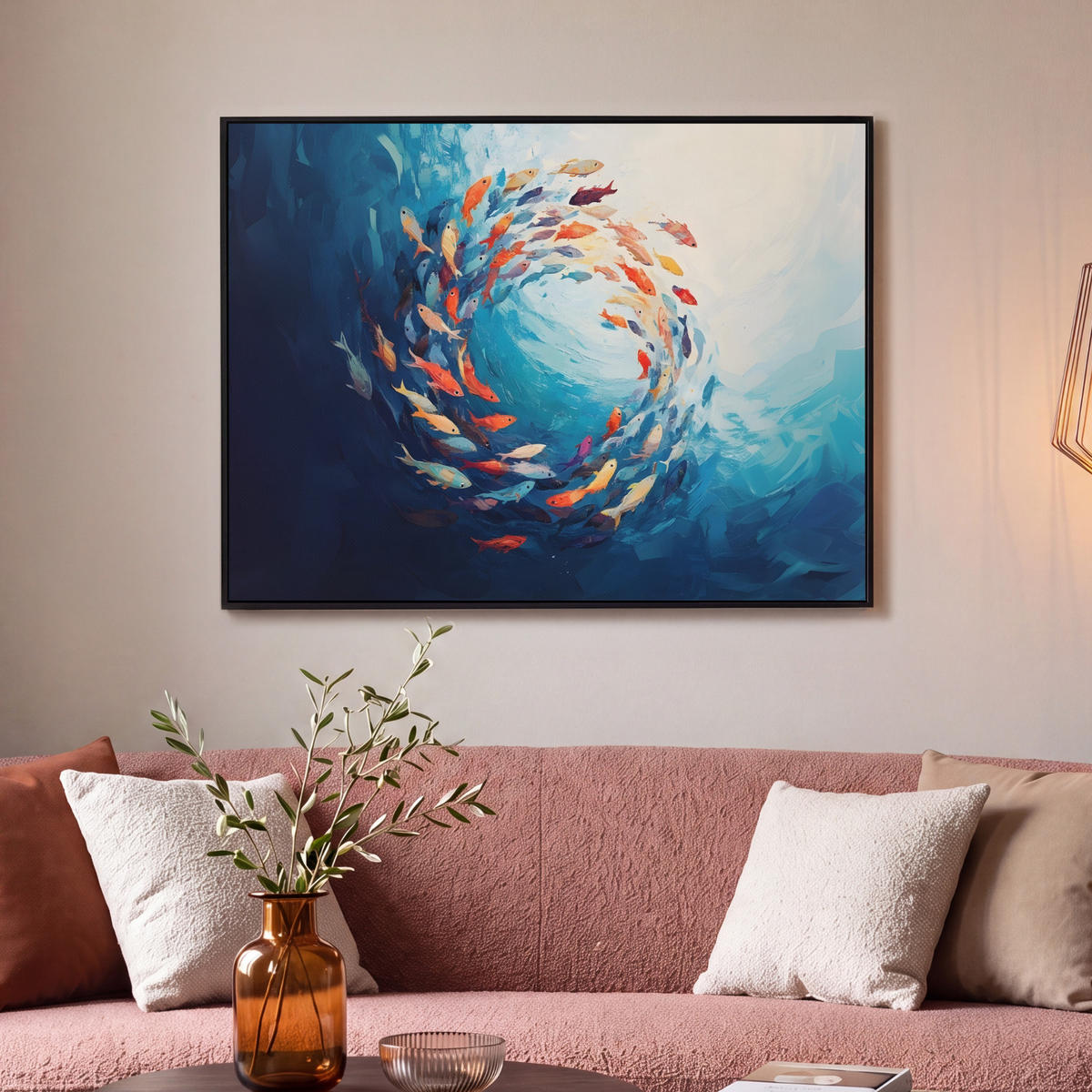 LEINWAND Bilder mit Rahmen - Meer - Fische - Bunt - Dynamisch - 100x70 - Hellblau, Textil (100/70cm) - MuchoWow