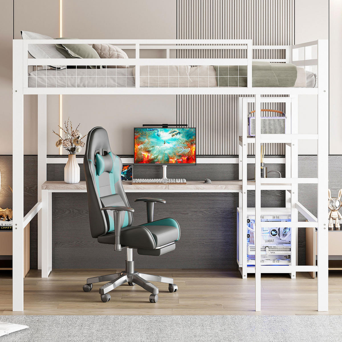 HOCHBETT 140/200 cm Weiß mit Schreibtisch, Regalen und USB- und Type-C-Anschlüssen - Weiß, Metall (140/200cm) - Flora Grace