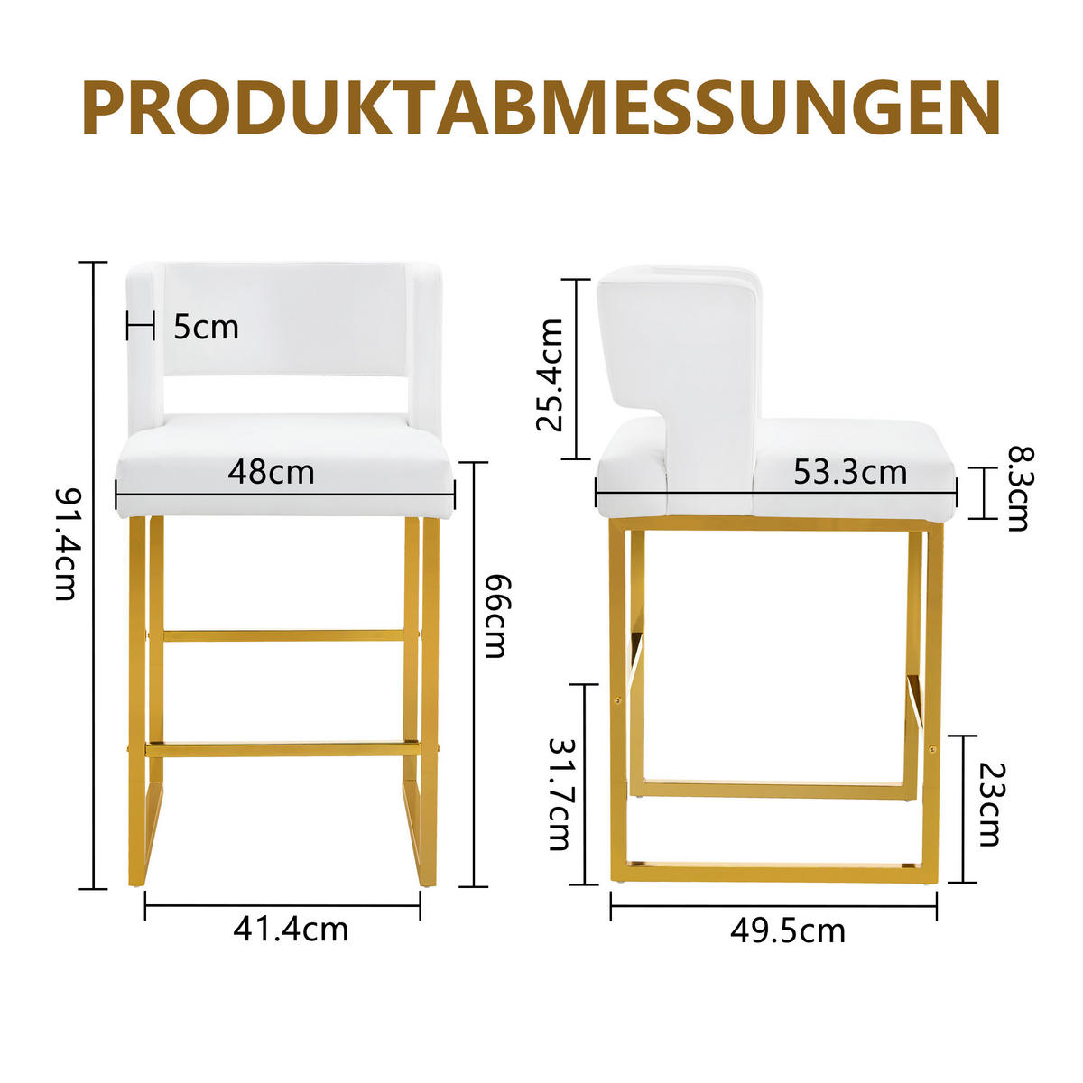 BARHOCKER 2er-Set Weiß mit PU-Leder und goldenen Metallbeinen - Weiß, Metall (48/91.4/53.3cm) - PANGIVO