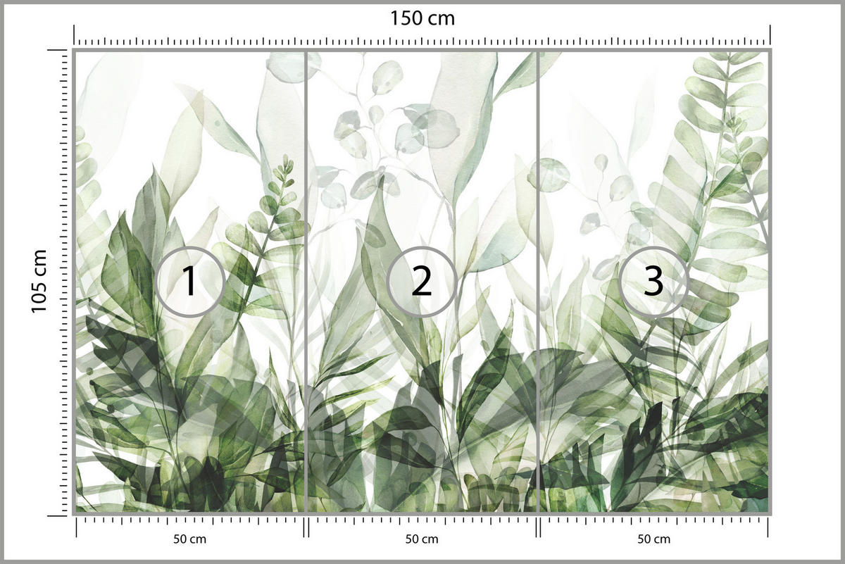 FOTOTAPETE für Schlafzimmer Aquarell Tropische Grüne Blätter Exotisch Blätter 150x105 - Weiß/Grün, Papier (150/105cm) - Muralo