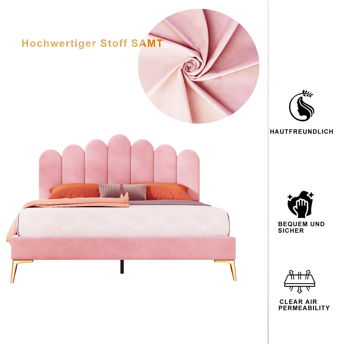 POLSTERBETT 140/200 cm in Rosa Samt mit verstellbarem Kopfteil - Rosa, Holzwerkstoff/Textil (140/200cm) - WISHDOR