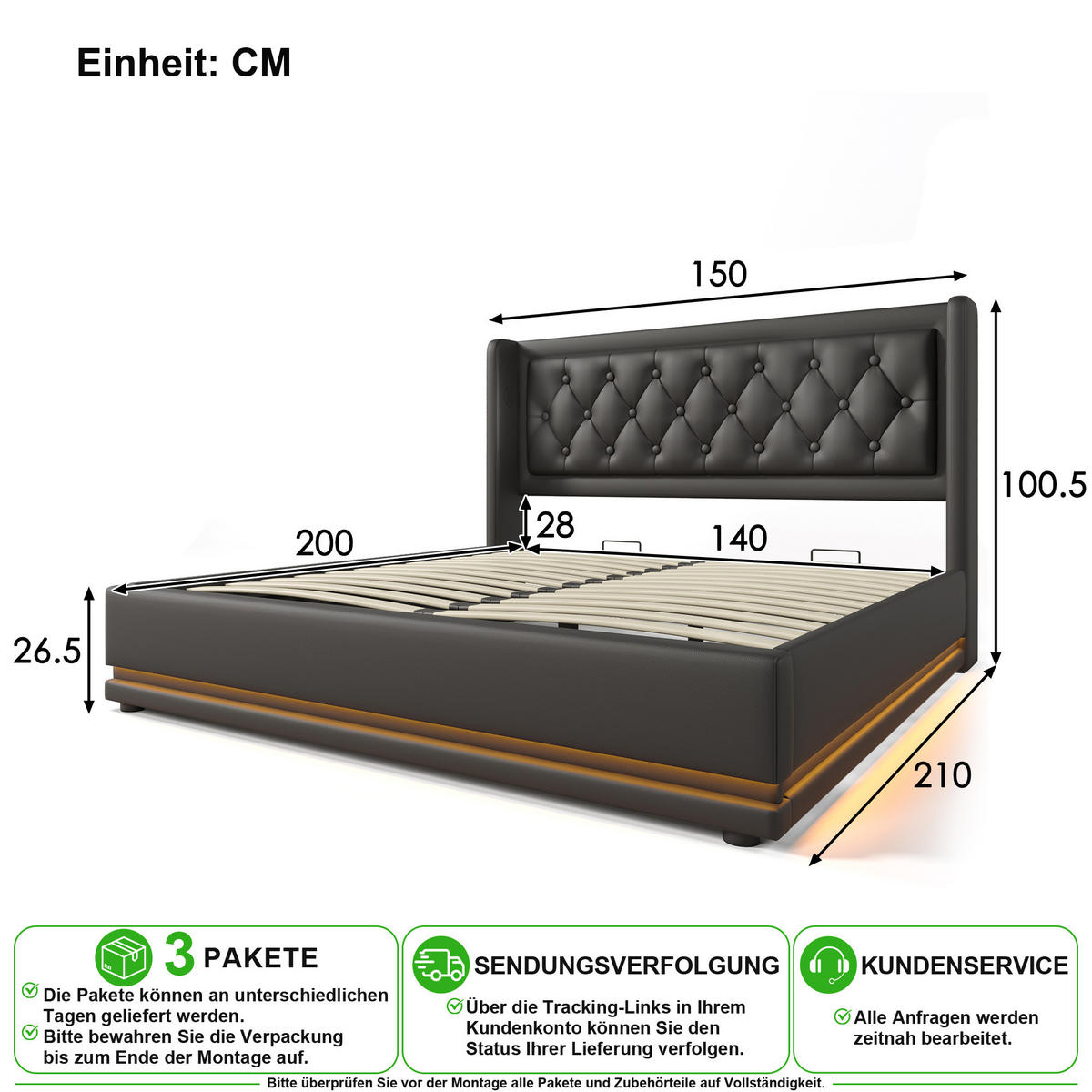 POLSTERBETT 140/200 cm in Schwarz mit Bettkasten, LED, USB und Matratze - Schwarz, Holzwerkstoff/Textil (140/200cm) - CHICFURN