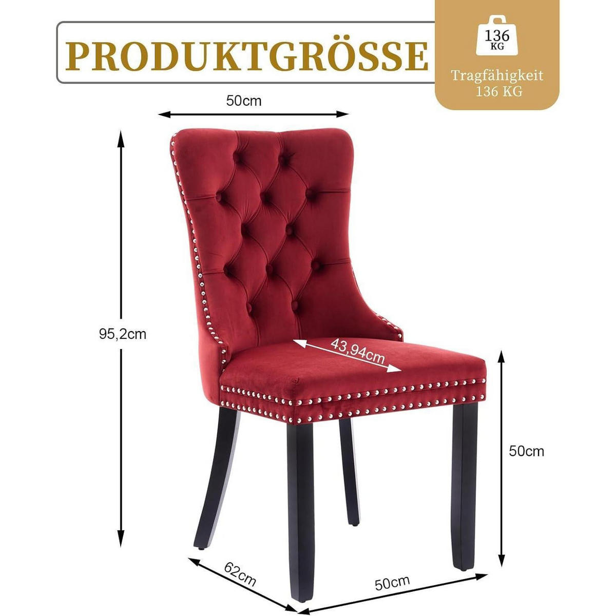 ESSZIMMERSTÜHLE 2er-Set Samt Burgunderrot mit Massivholzbeinen - Bordeaux, Textil (50/95.2/62cm)