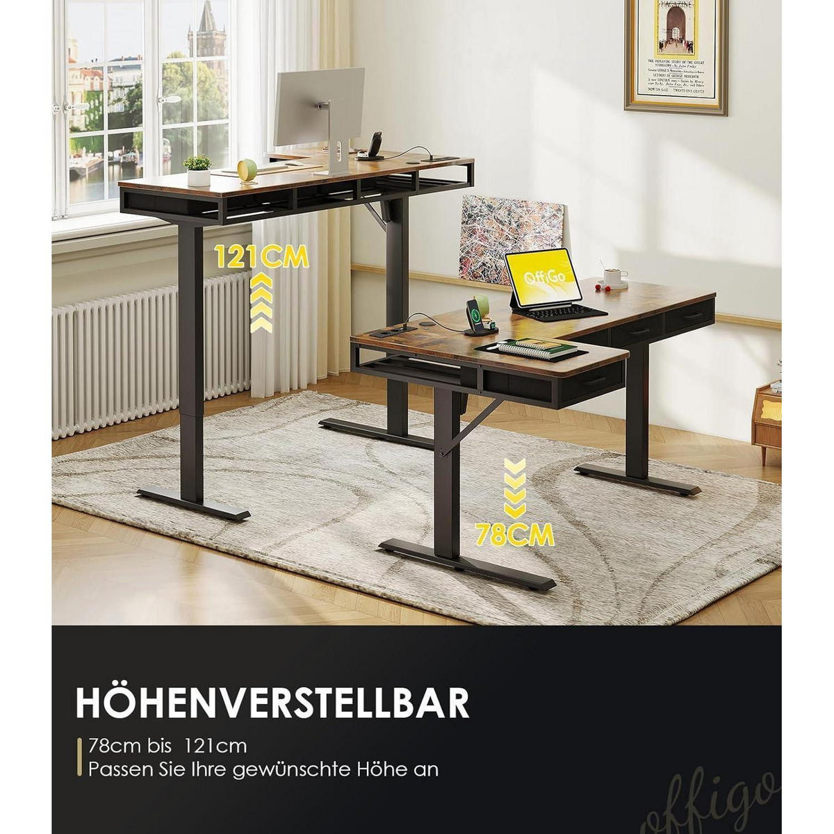ECKSCHREIBTISCH höhenverstellbar 160 x 80 cm Vintage Braun mit Steckdose und 4 Schubladen - Braun, Holzwerkstoff (80/160/78cm)