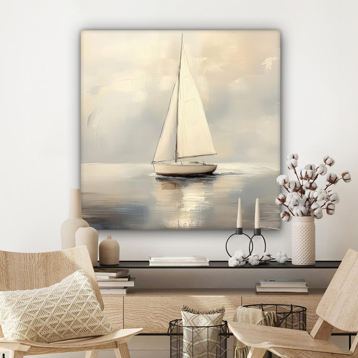 LEINWANDBILD Segelschiff - Meer - Bewölkt Deko Groß 90x90 cm - Creme, Textil (90/90cm) - MuchoWow