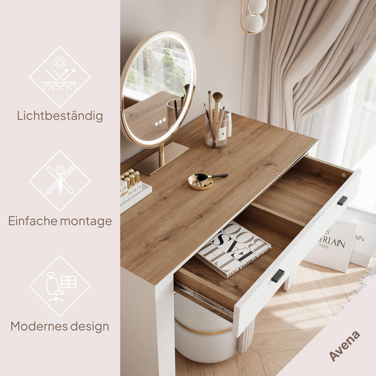 SCHMINKTISCH AVENA mit 2 Schubladen, 102 cm Weiß/Eiche - Weiß, Holzwerkstoff/Kunststoff (102/79/50cm) - Idohome