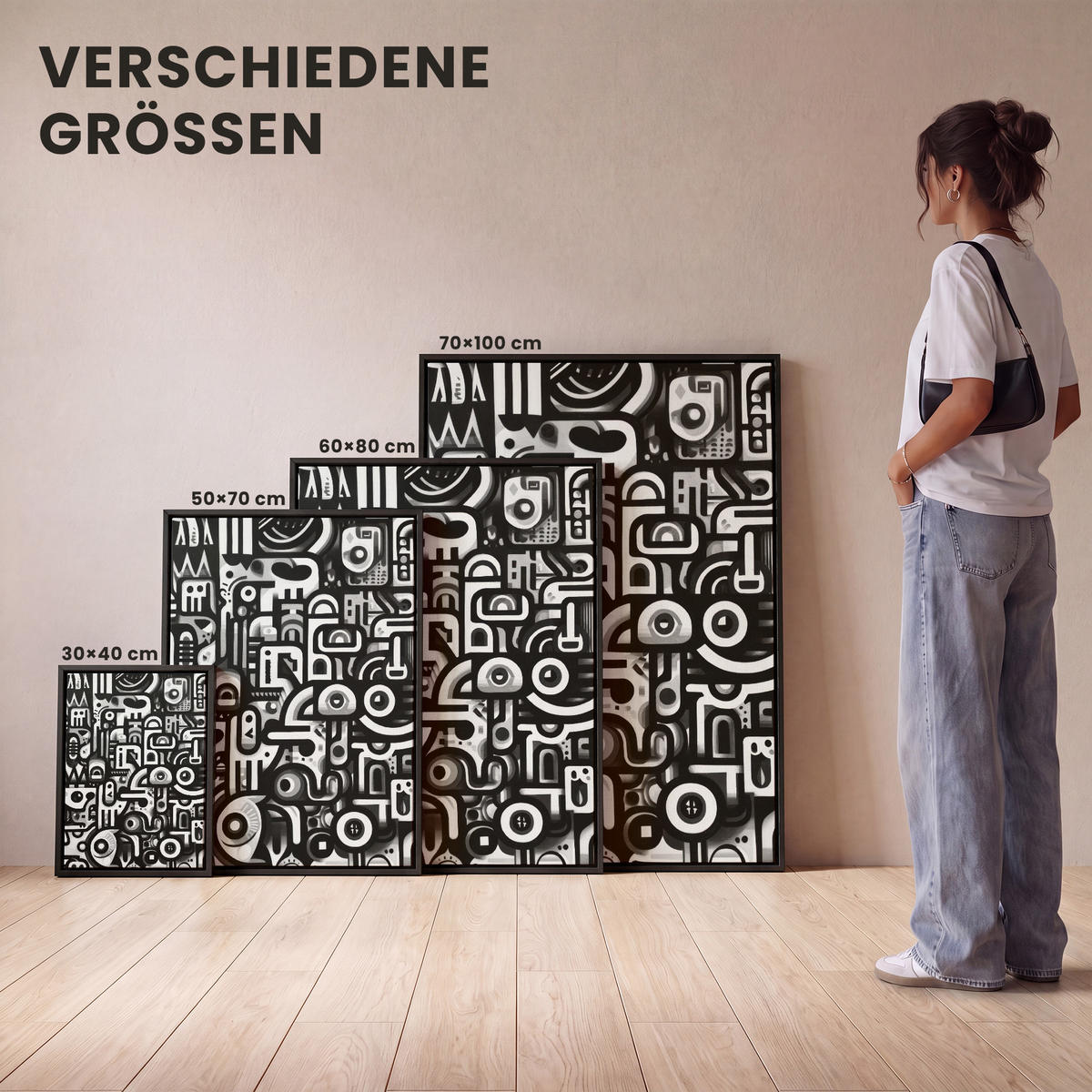 LEINWAND Bilder mit Rahmen - Symbole - Abstrakt - Grafik - Schwarz - 70x100 - Schwarz, Textil (70/100cm) - MuchoWow