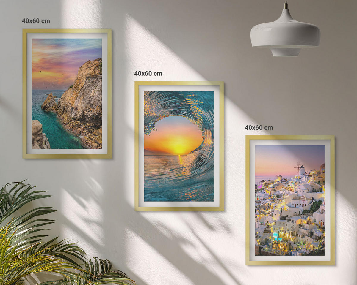 BILDER SET 3er Set - 40x60 cm Goldrahmen - Meereswellen, weiße Häuser, Santorini - Goldfarben, Kunststoff (40/60cm) - TULUP