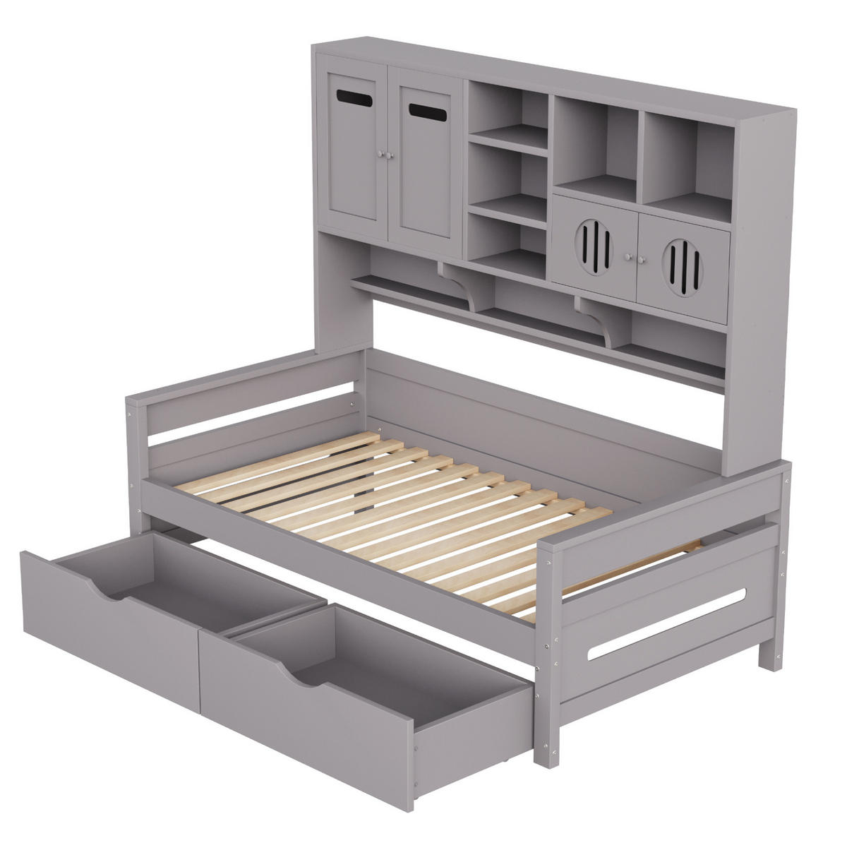 JUGENDBETT 90/200 cm mit Stauraum, 2 Schubladen und Ablagefächern aus Holz, Grau - Grau, Holz (90/200cm) - Redom