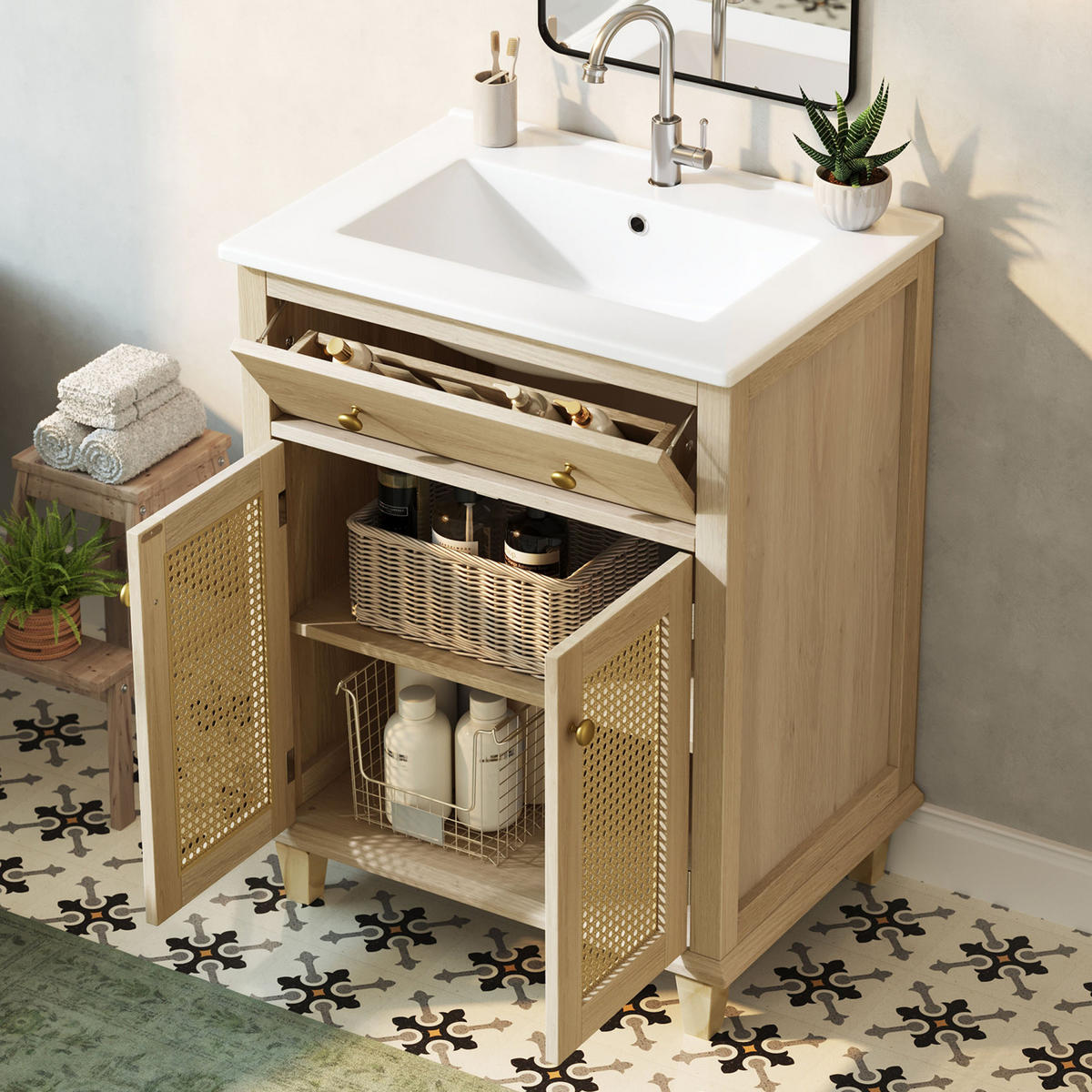 WASCHTISCHKOMMODE aus Keramik und MDF 61x47x87 cm Naturholzoptik mit Klappschublade und Rattan-Türen - Eichefarben, Keramik (61/87/47cm) - Modfu