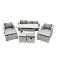 GARTENSET mit Esstisch,Sofa,3 Fußhocker,2 Stühle Polyrattan Hellgrau 9-Sitzer - Hellgrau/Grau, Glas/Kunststoff - Fimous