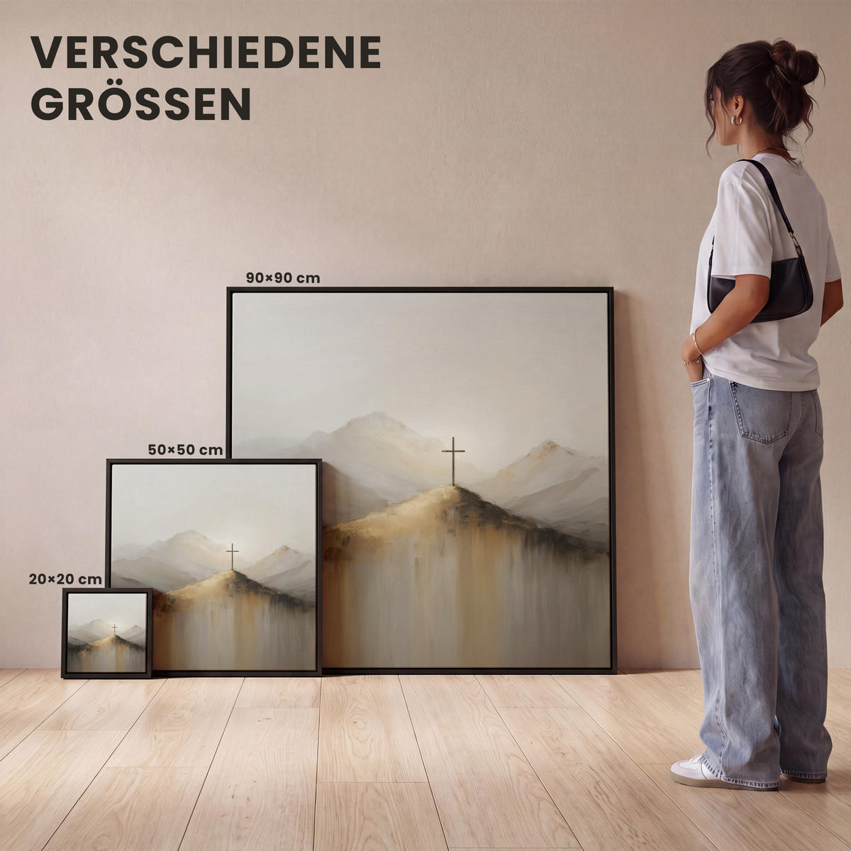 LEINWAND Bilder mit Rahmen - Hügel - Abstrakt - Kreuz - Christentum - 20x20 - Beige, Textil (20/20cm) - MuchoWow