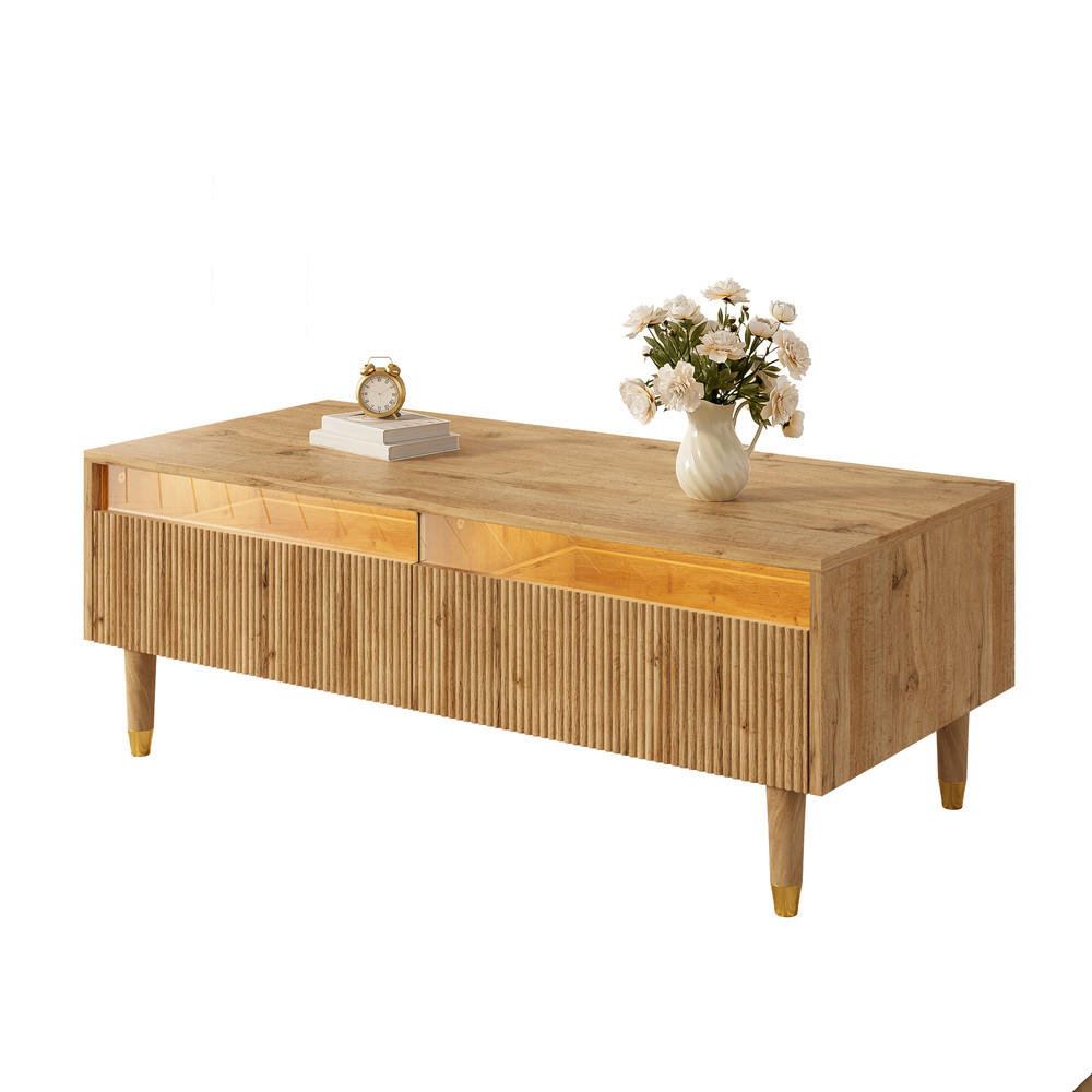 COUCHTISCH LED Farbwechsel Wellenplatte Gold-Holzbeine 2 Schubladen Modern - Braun, Holz (119/57.78/12.7cm) - FLIEKS