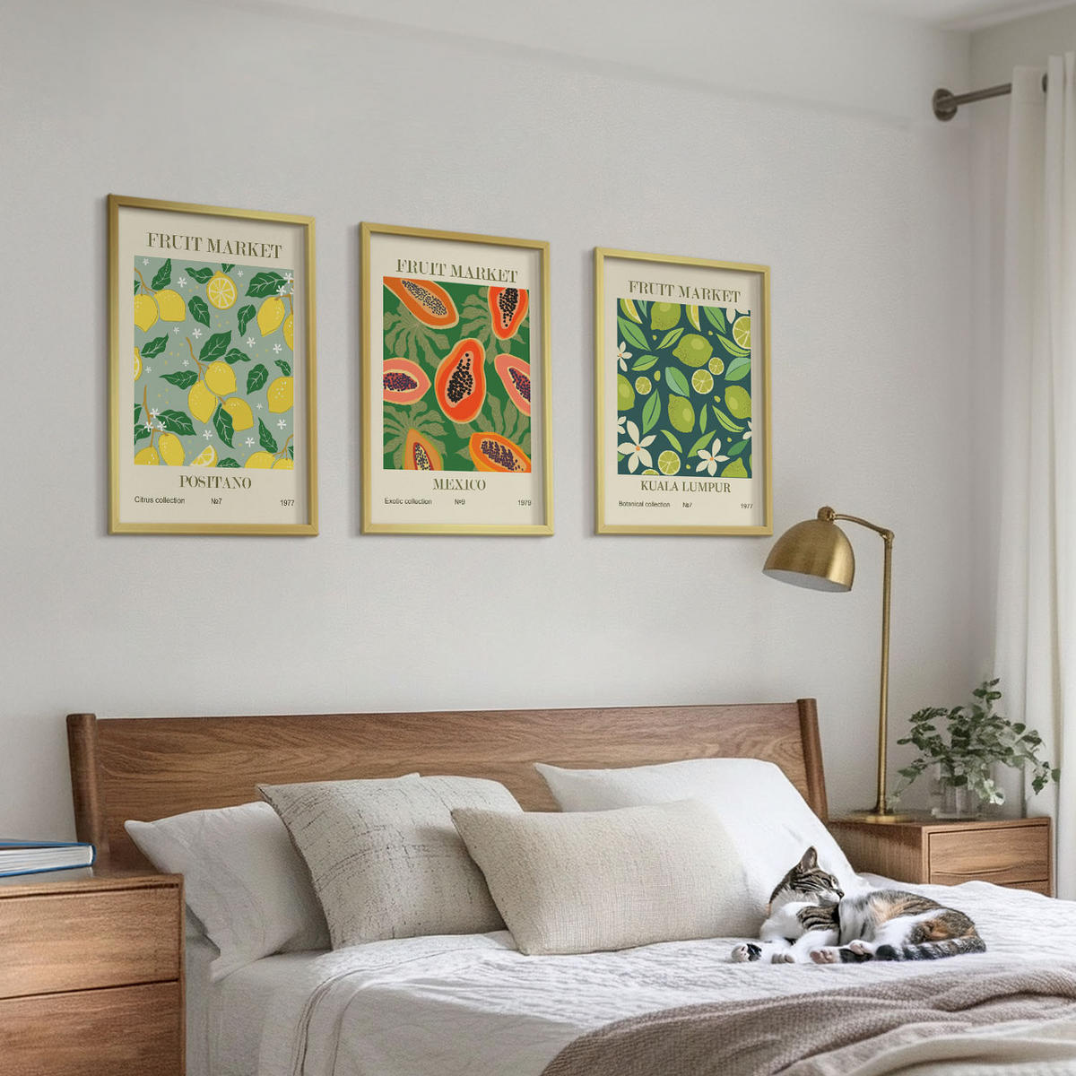 WANDBILDER 3er Set - 40x60 cm Goldrahmen - Fruchtige Zitronen- und Papayamuster - Goldfarben, Kunststoff (40/60cm) - ArtPrintCave