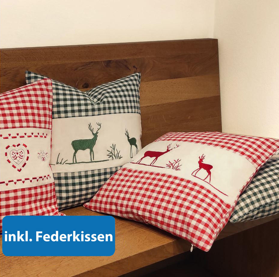 DEKOKISSEN Hirsch rot 40/40 cm Landhaus-Stil mit Reißverschluss inkl. 100% Federkissen - Rot, Textil (40/40cm) - wometo