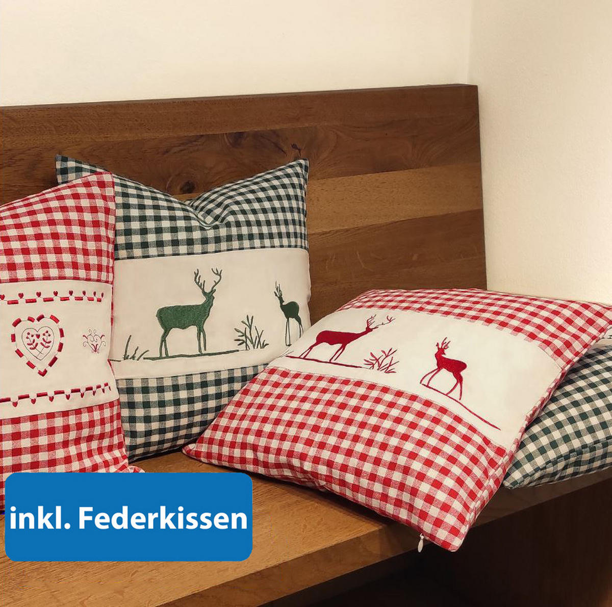 DEKOKISSEN Hirsch rot 40/40 cm Landhaus-Stil mit Reißverschluss inkl. 100% Federkissen - Rot, Textil (40/40cm) - wometo