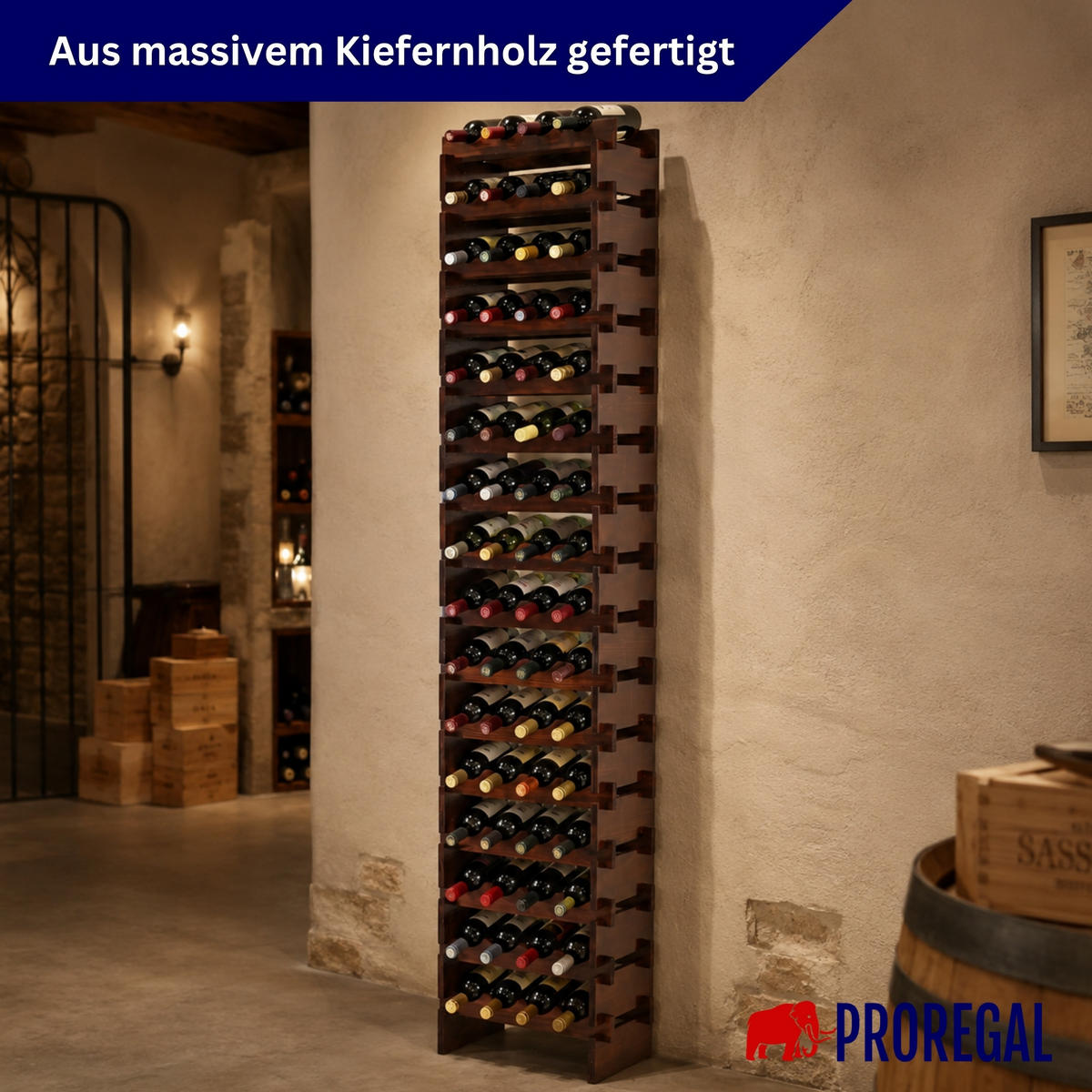 WEINREGAL NAVARRA aus Holz 219x46x28cm 64 Flaschen auf 16 Ebenen Braun geölt - Braun, Holz (46/219/28cm) - PROREGAL