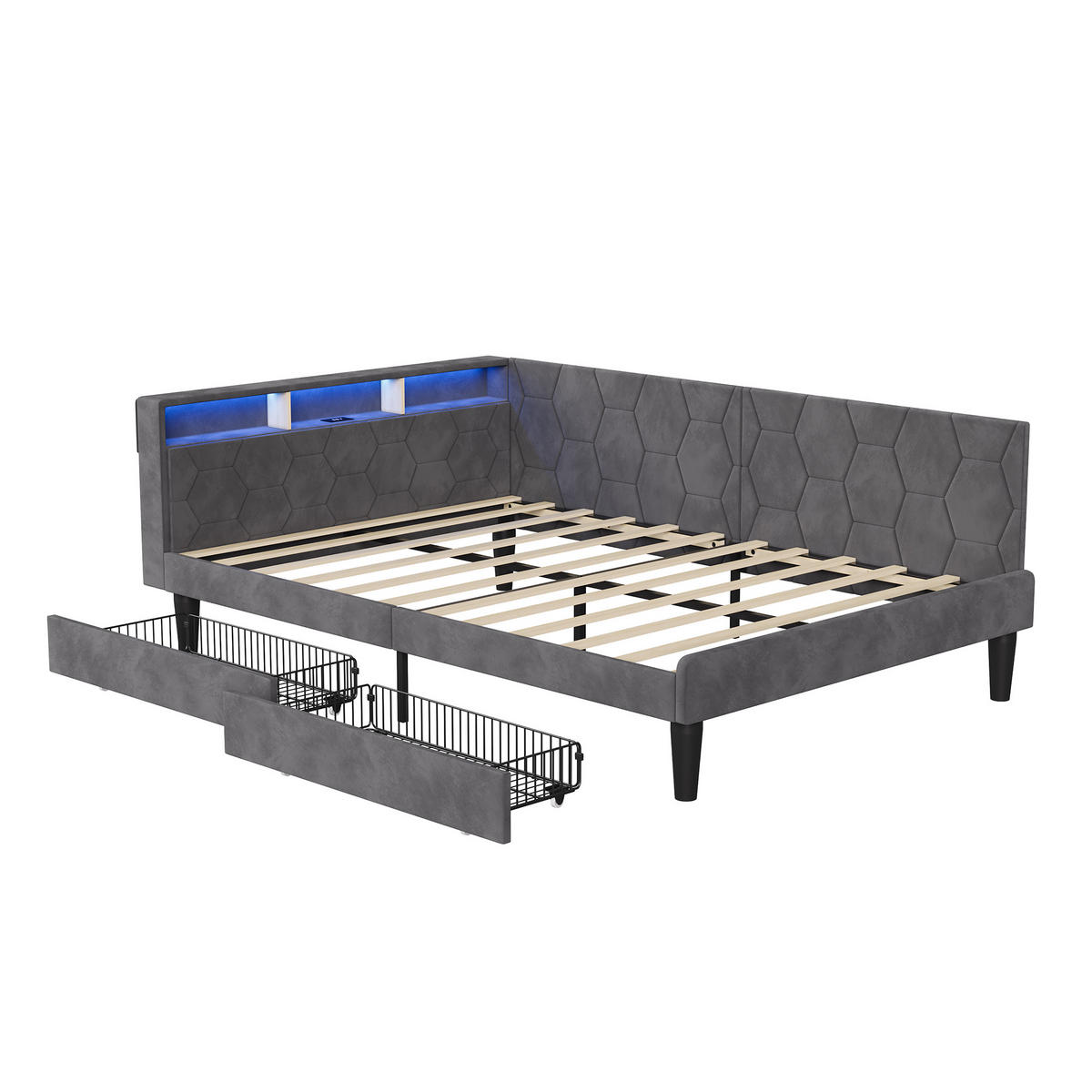 POLSTERBETT 140x200 cm Tagesbett mit 2 Schubladen, LED & USB, Doppelbett mit Kopfteil Stauraum, Grau - Grau, Metall (140/200cm) - EuroLiving