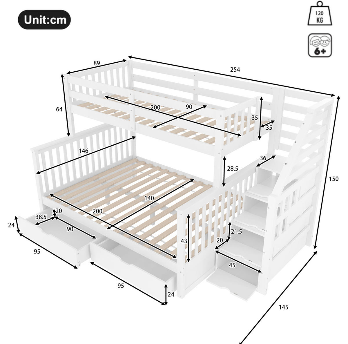 ETAGENBETT 90/200 und 140/200 cm mit Schubladen, Leiter und Stauraum aus Kiefernholz, Weiß - Weiß, Holzwerkstoff (90/200cm) - Redom