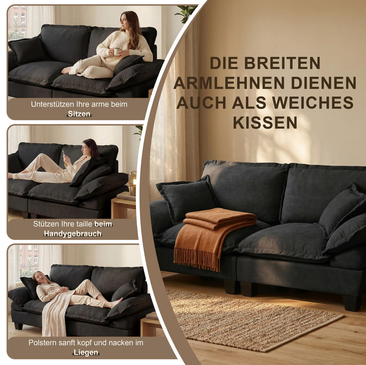ECKSOFA 263/151/90 cm mit 2 beweglichen Ottomanen, abnehmbaren Armlehnen und Chenille-Bezug, Schwarz - Schwarz, Textil (263/151cm) - Redom