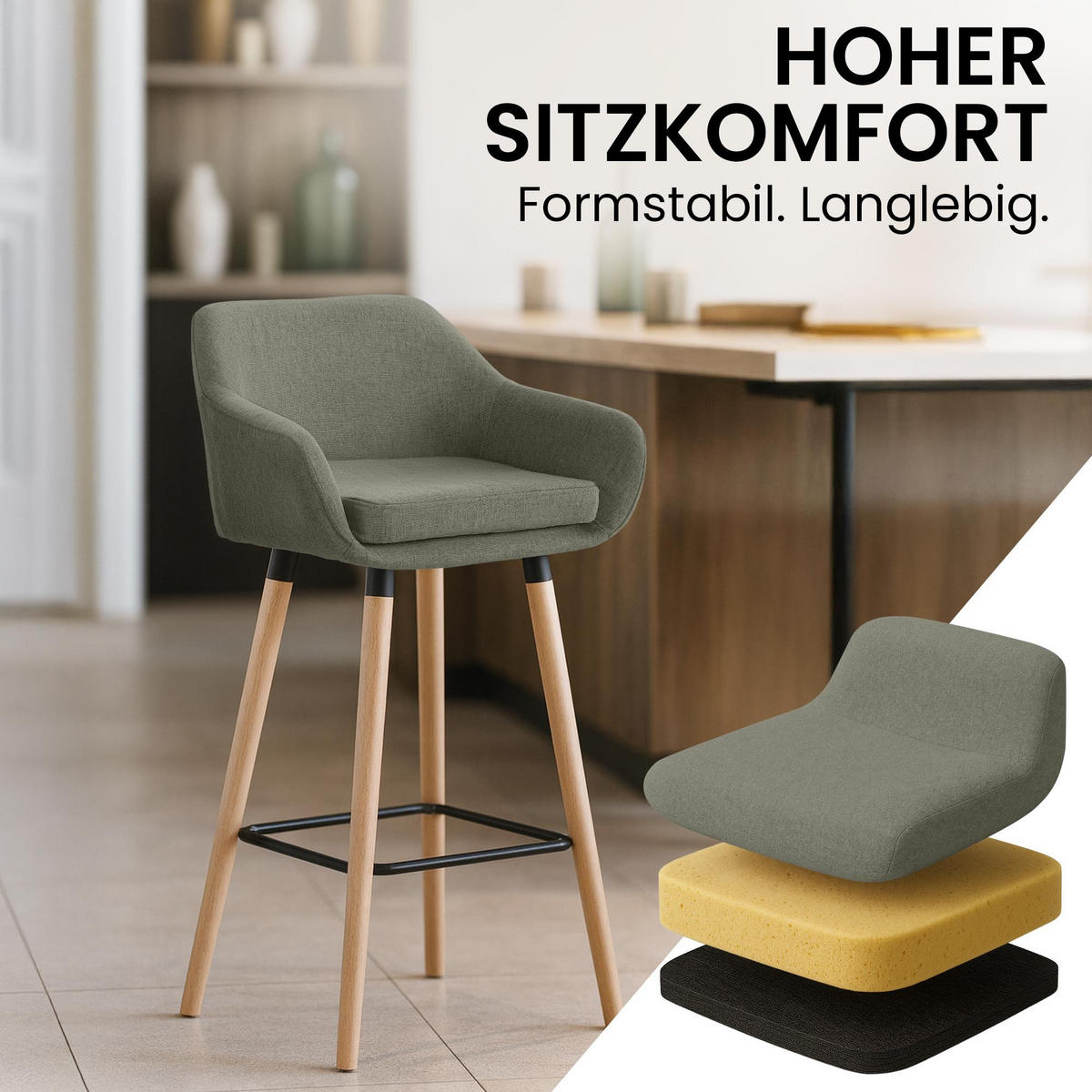 BARHOCKER 2er Set Stoff Hellgrau - Eukalyptusholzfarben/Hellgrau, Holz/Textil (55/99/46cm) - CLP