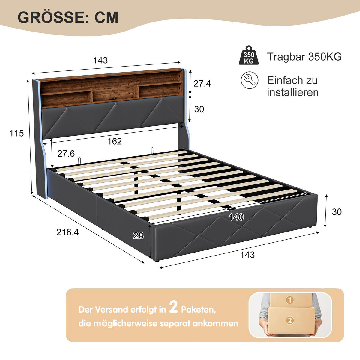 BETT 140x200 cm mit LED und USB, Doppelbett 140x200 cm mit Bettkasten, schwebendes Design, Schwarz PU - Schwarz, Leder/Metall (140/200cm) - GENKI LIVING