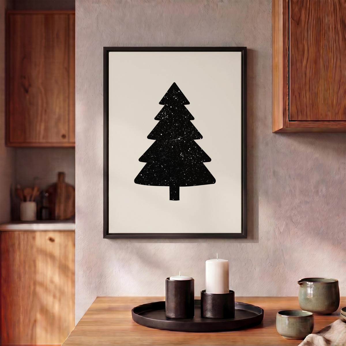 LEINWAND Bilder mit Rahmen - Weihnachtsbaum - Schwarz - Urlaub - Beige - 30x40 - Schwarz, Textil (30/40cm) - MuchoWow
