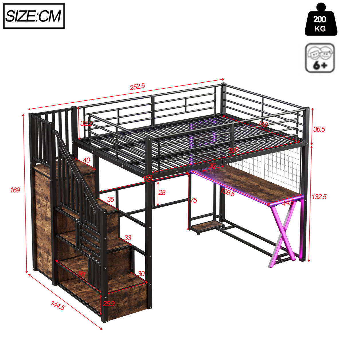 HOCHBETT 140/200 cm Schwarz mit LED-Beleuchtung, Ablageleiter, Schreibtisch, Kleiderschrank und Regalen - Schwarz, Metall (140/200cm) - OKMYHOME