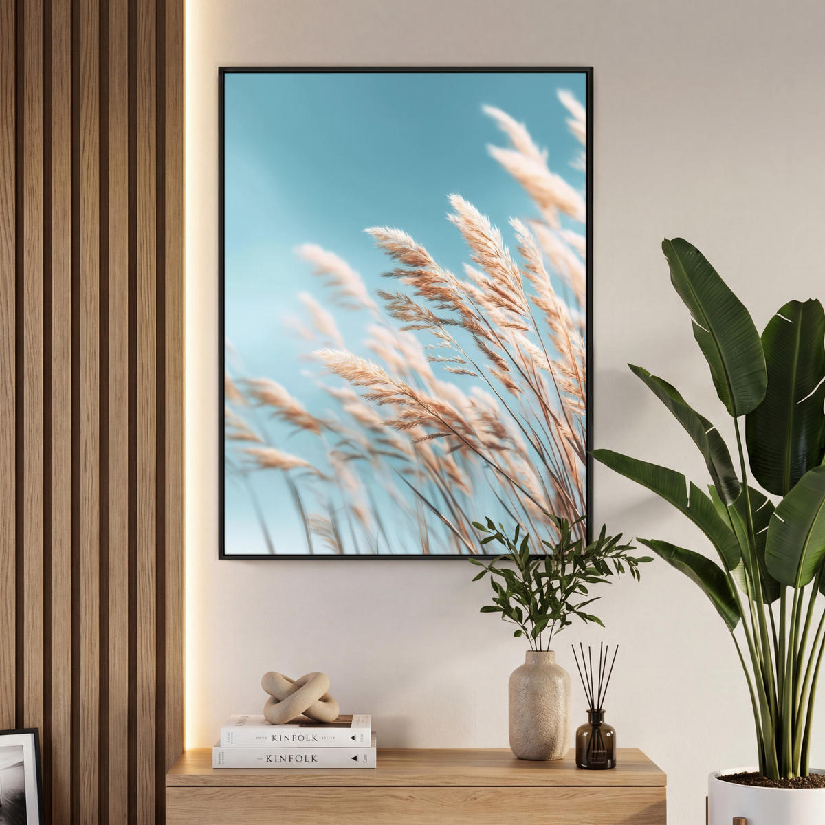 LEINWAND Bilder mit Rahmen - Ziergras - Wind - Hellbraun - 70x100 - Hellblau, Textil (70/100cm) - MuchoWow