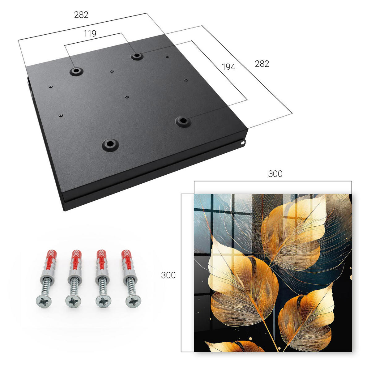 SCHLÜSSELBOX Schwarz 30x30 cm- Türöffnung nach rechts - Blätter der Eleganz - Gelb, Metall (30/30/5cm) - TULUP