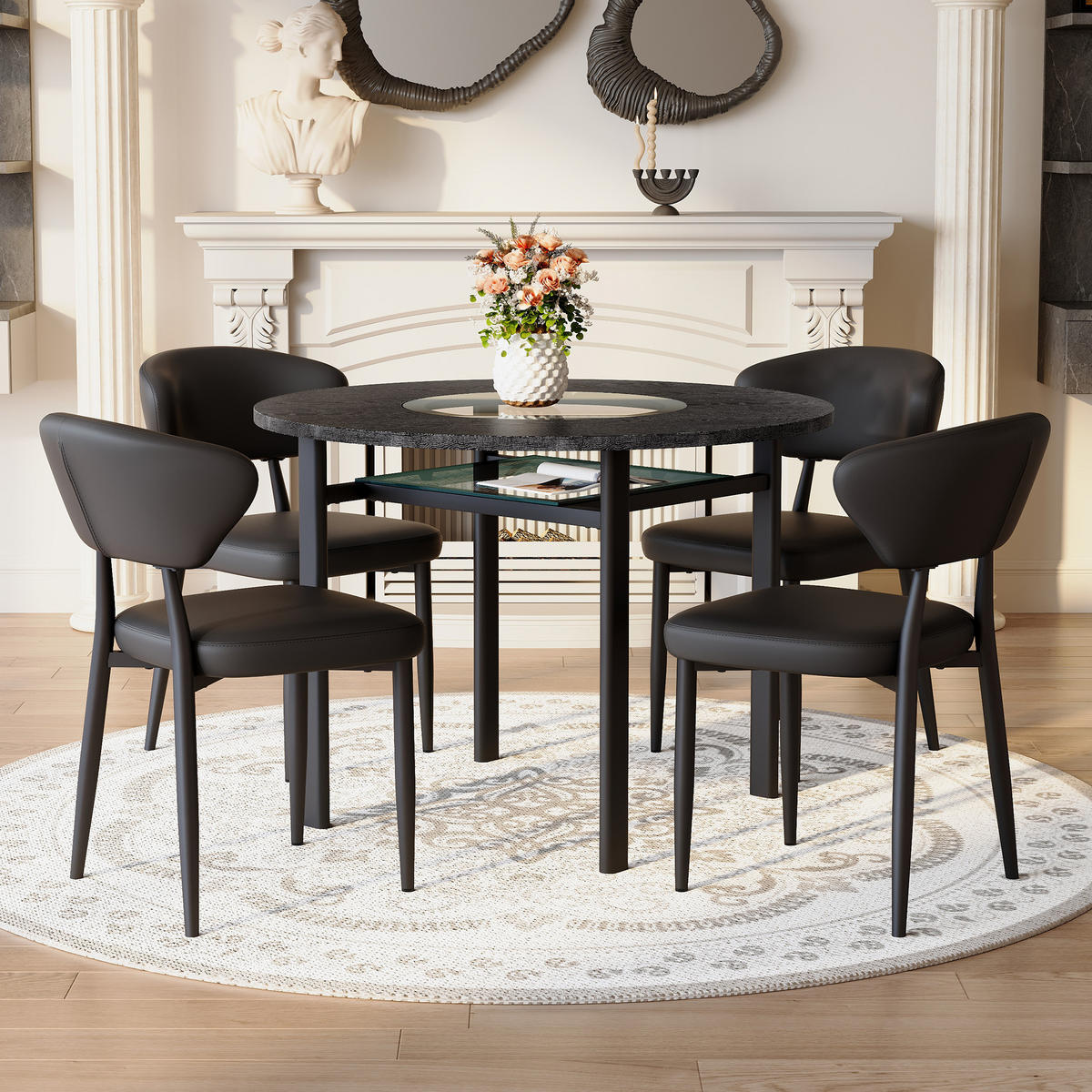 ESSTISCH-SET 100 cm Schwarz mit 4 Stühlen - Schwarz, Metall (100/76/100cm) - Meubliv