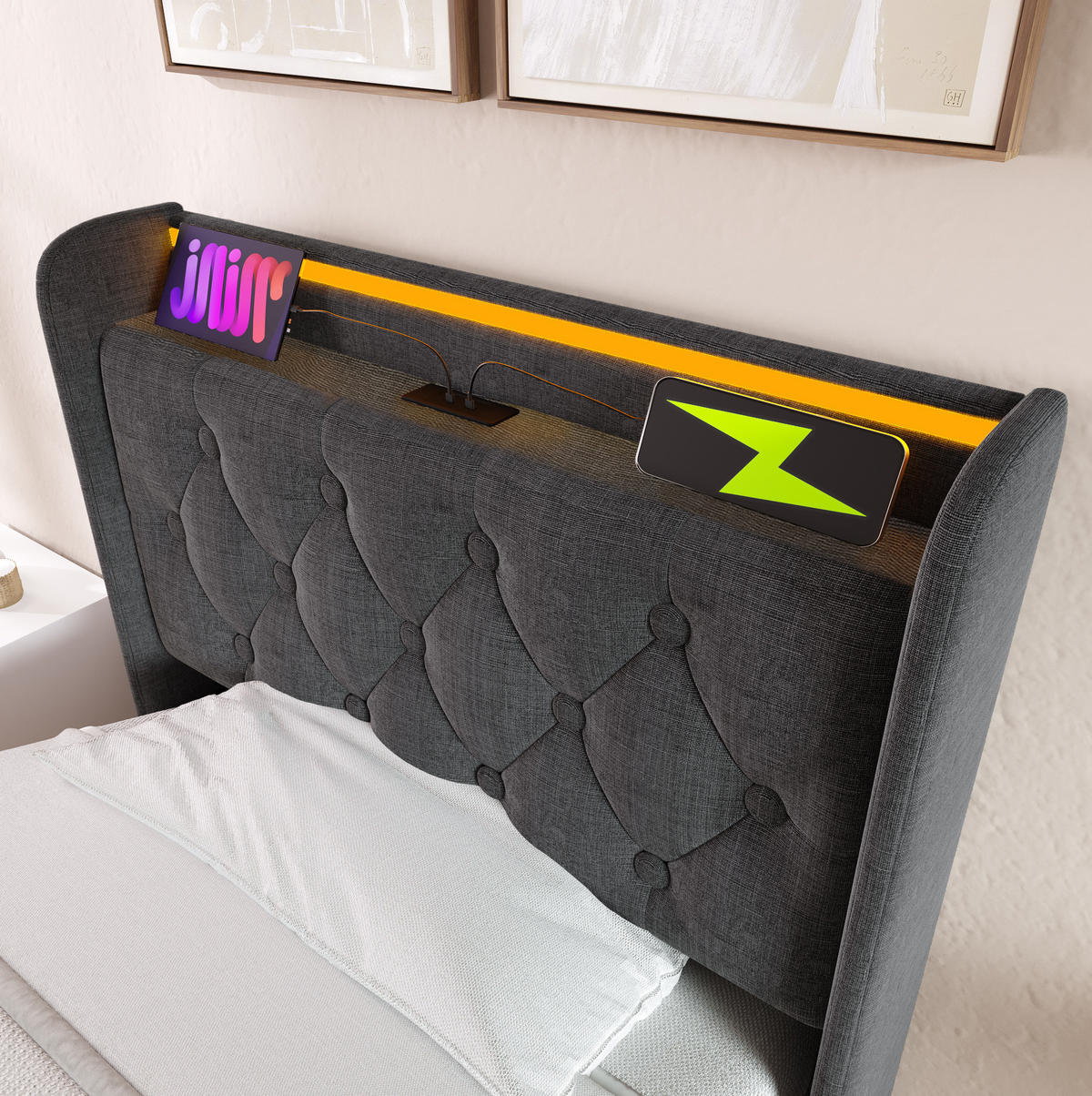 POLSTERBETT 90/200 cm Grau mit Stauraum, LED-Beleuchtung und USB- und Type-C-Anschlüssen - Grau, Textil (90/200cm) - Flora Grace