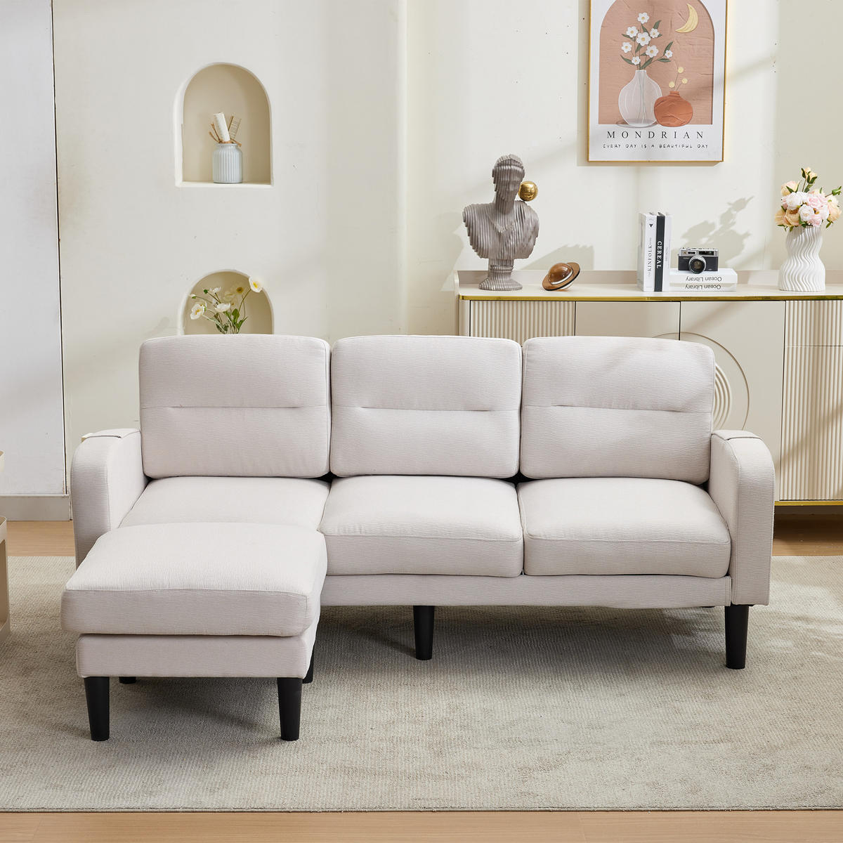 ECKSOFA L Form 3-Sitzer Chaiselongue Stauraum Tasche Beige 204cm - Beige, Textil (204/136cm) - FLIEKS