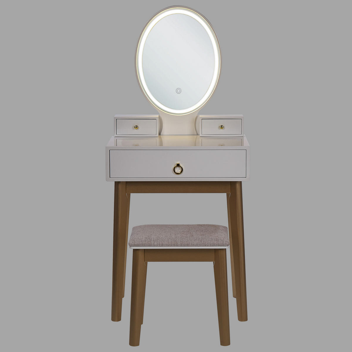 SCHMINKTISCH mit ovalem LED-Spiegel Hocker 3 Schubladen weiß/gold Rosey - Beige/Goldfarben, Holzwerkstoff (58/135/40cm) - Beliani