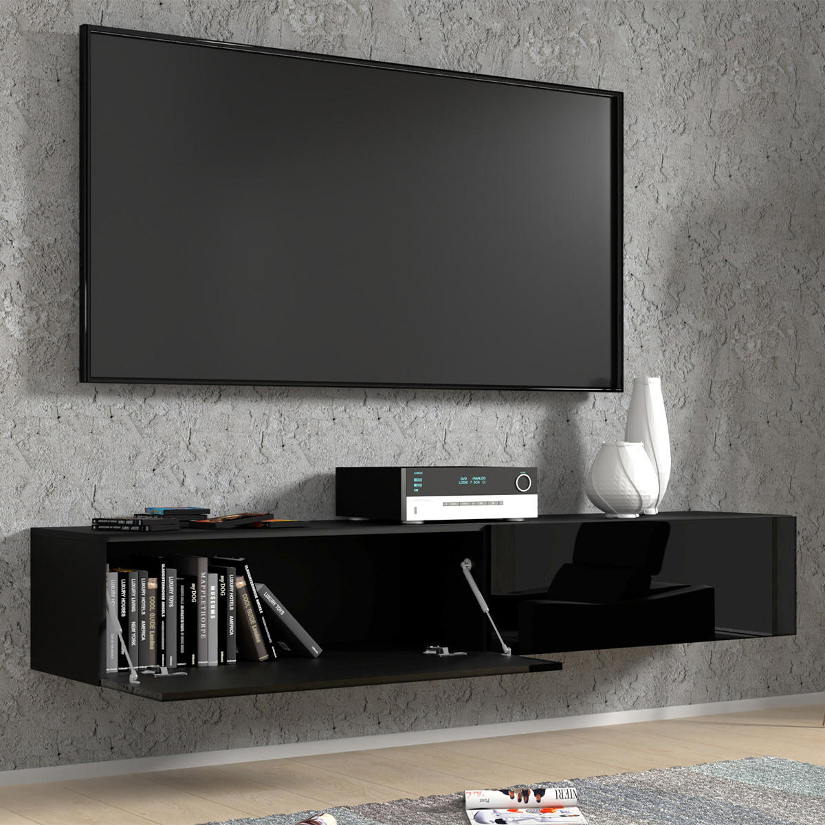 TV STOLEK Bali Matná černá karoserie a lesklé černé přední části - černá, kompozitní dřevo (180/30/40cm) - Petits-meubles