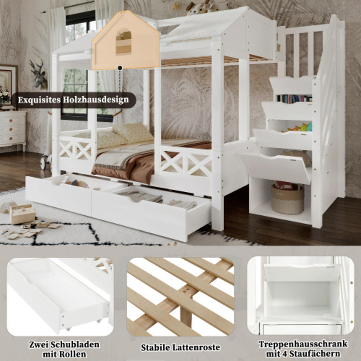 ETAGENBETT Kinderbett mit Spielhaus Design, 2 Schubladen, Treppenschrank mit 4 Fächern, für Liegeflächen 90x200 & 140x200, weiß - Weiß, Holzwerkstoff (140/200cm) - Luhomfu