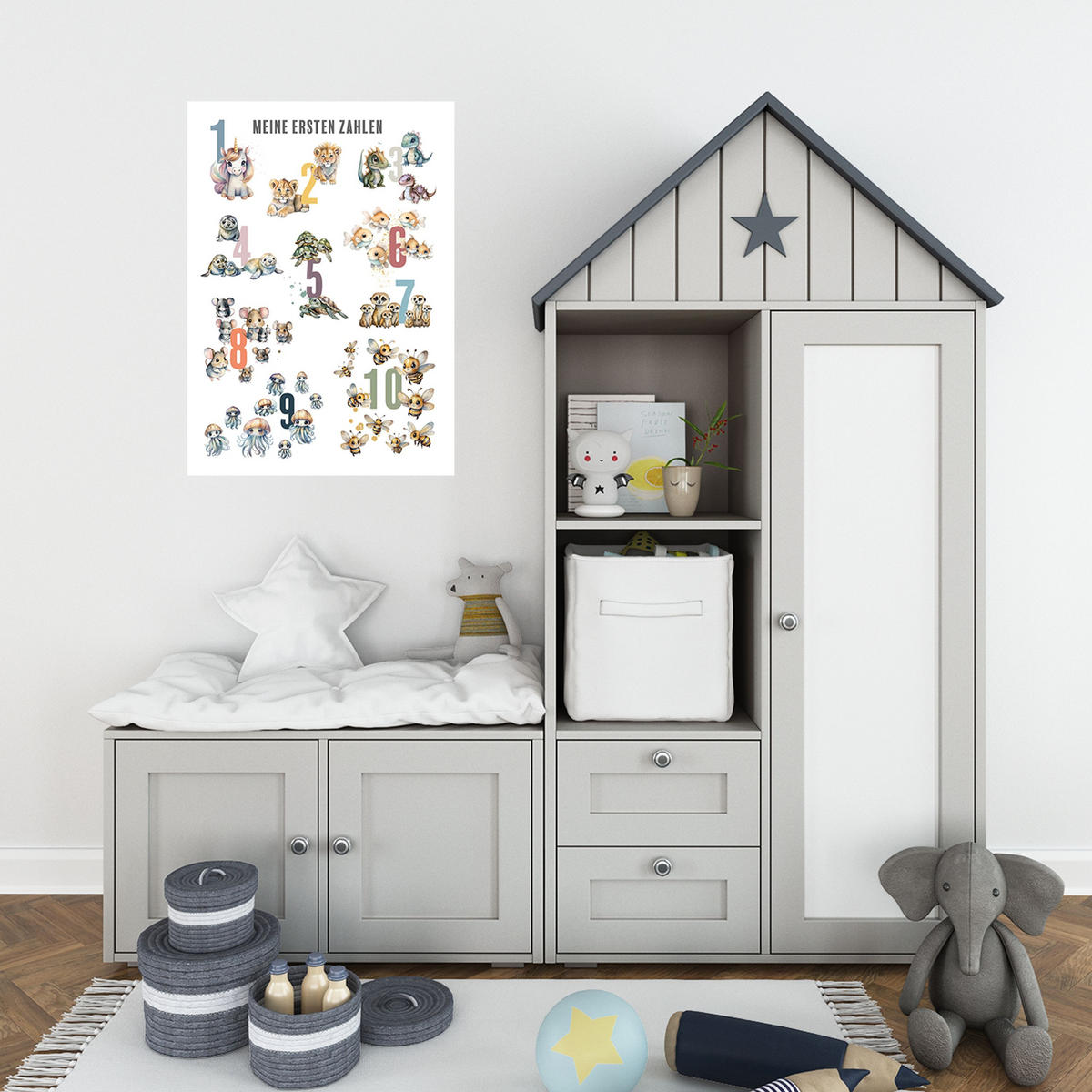 POSTER 50x70 cm Zahlen Tiere Kinderposter - Weiß, Papier (50/70/2cm)
