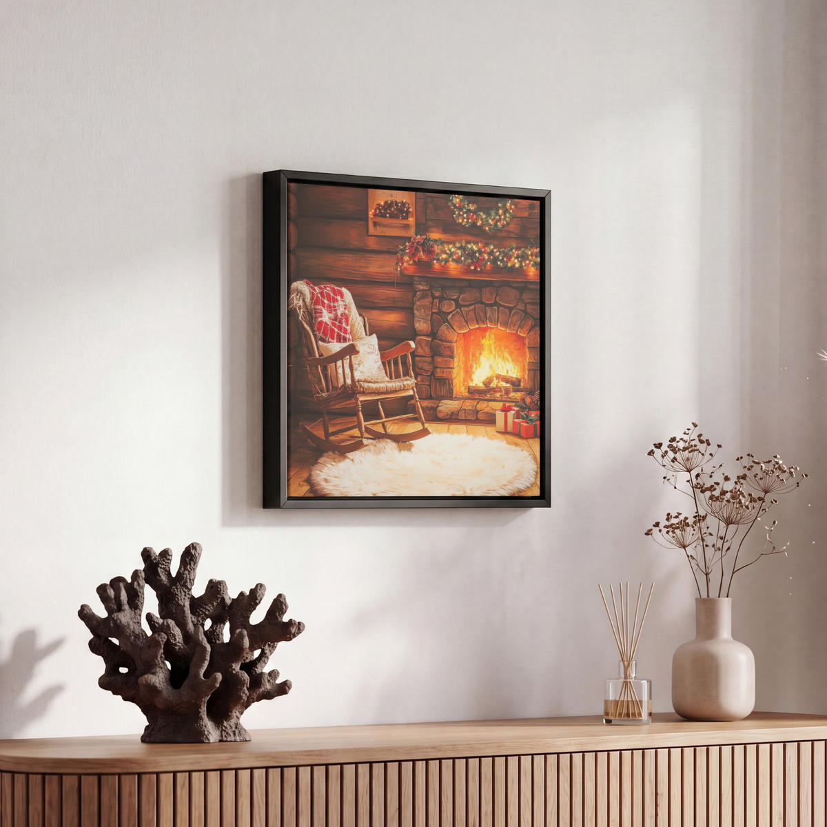 LEINWAND Bilder mit Rahmen - Winter - Weihnachten - Zuhause - Kamin - 20x20 - Bernsteinfarben, Textil (20/20cm) - MuchoWow