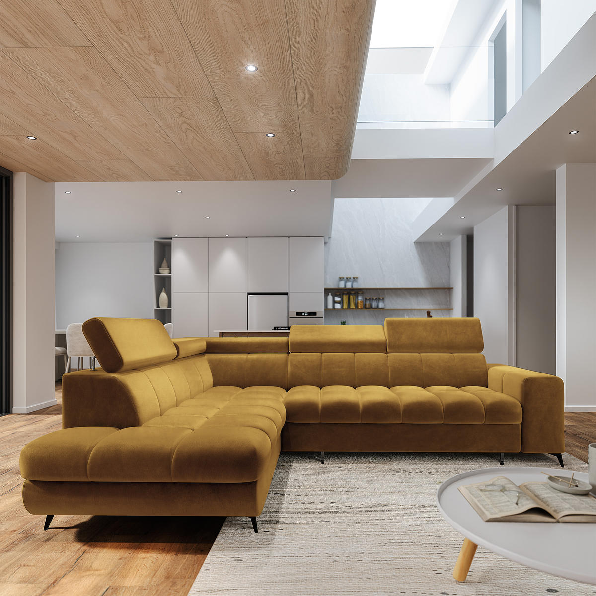 ECKSOFA MORIVA L-S Gelb Velours-Stoff mit Schlaffunktion - Gelb, Holz (253/190cm) - MASSENO