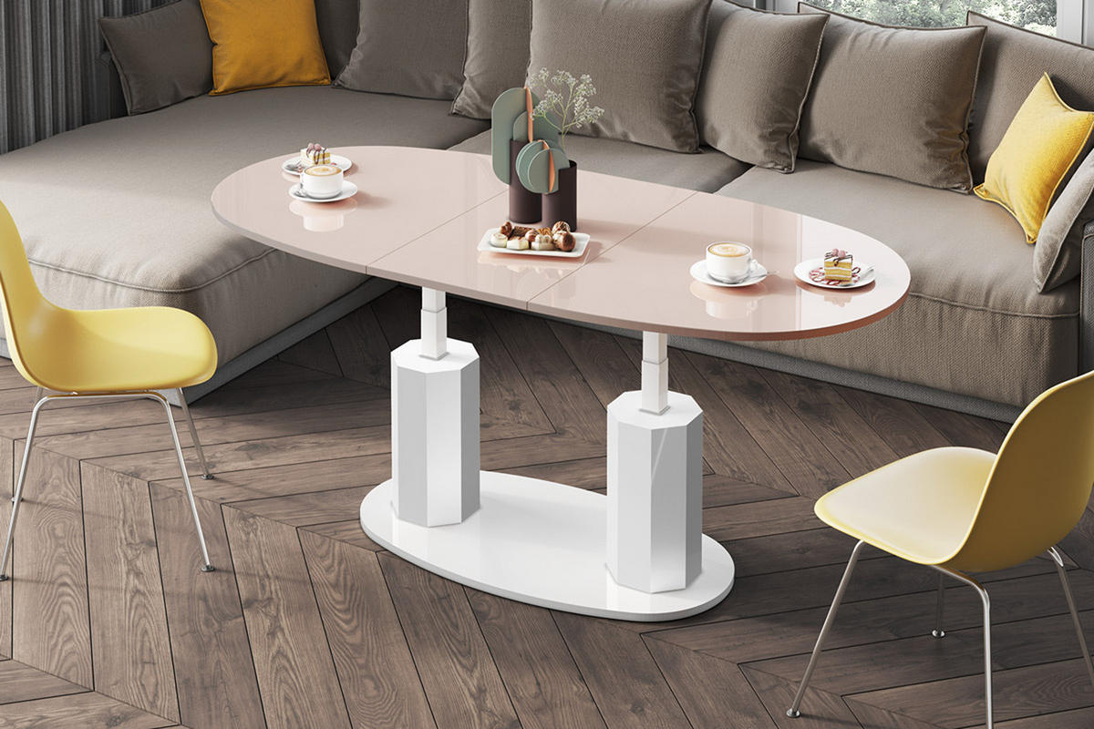 COUCHTISCH Cappuccino Weiß Hochglanz oval ausziehbar höhenverstellbar - Weiß Hochglanz/Cappuccino, Holzwerkstoff (80/130/54cm) - designimpex