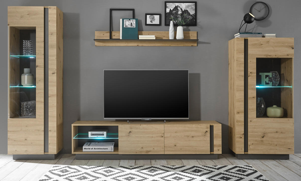 TV-LOWBOARD Eiche Artisan, Graphit grau 188 cm, TV-Unterteil mit Push-to-open - Eiche Artisan/Grau, Glas/Holz (188/46/40cm) - Furn.Design
