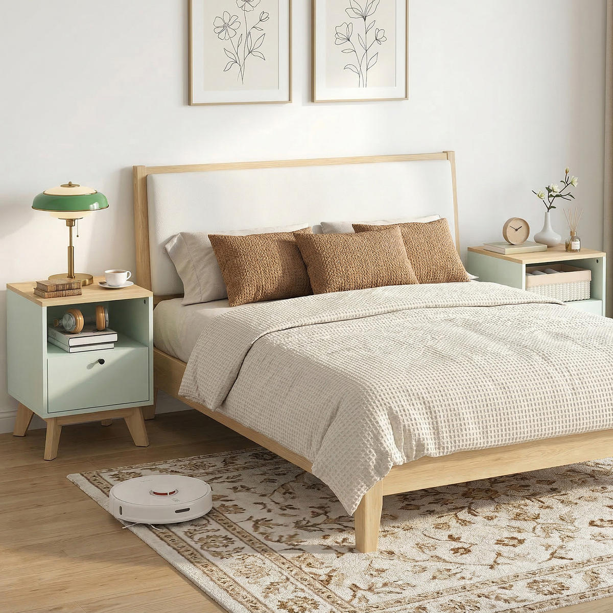 NACHTTISCH Eichenoptik Hellgrün MDF mit Schublade und offenem Fach 2er-Set - Hellgrün, Holzwerkstoff (40/55/40cm) - PANGIVO