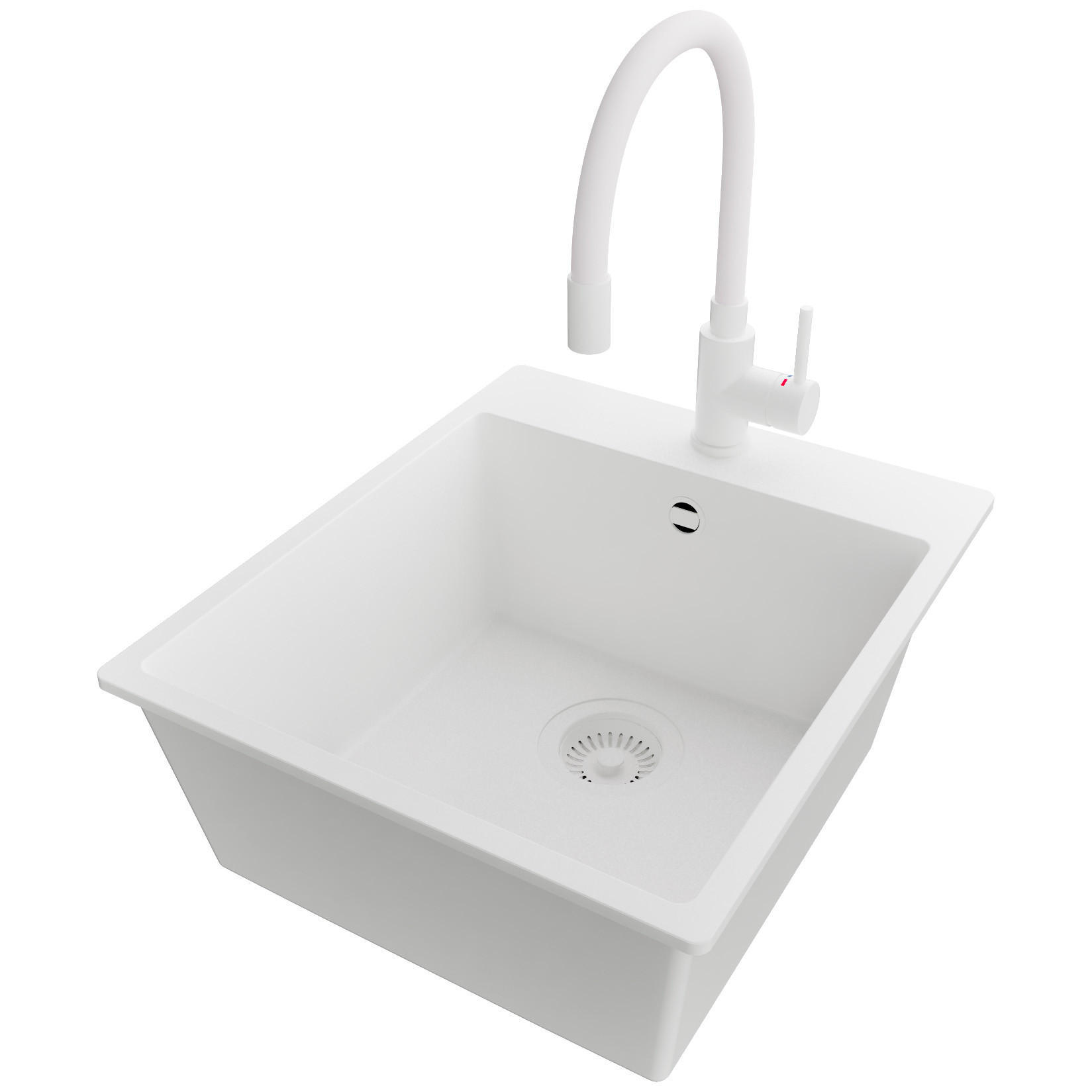 GRANITSPÜLE Riga, 2-er set Alles Weiß 43/50 cm 1 Becken + Küchenarmatur 38/14 cm + Ablauf-Set ab 45er Unterschrank - Weiß, Kunststoff (43/20/50cm) - Primagran