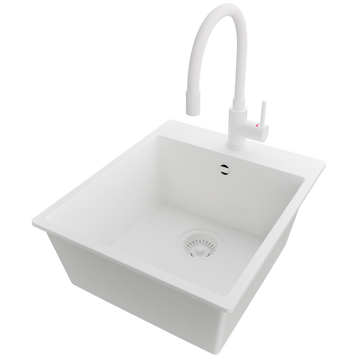 GRANITSPÜLE Riga, 2-er set Alles Weiß 43/50 cm 1 Becken + Küchenarmatur 38/14 cm + Ablauf-Set ab 45er Unterschrank - Weiß, Kunststoff (43/20/50cm) - Primagran