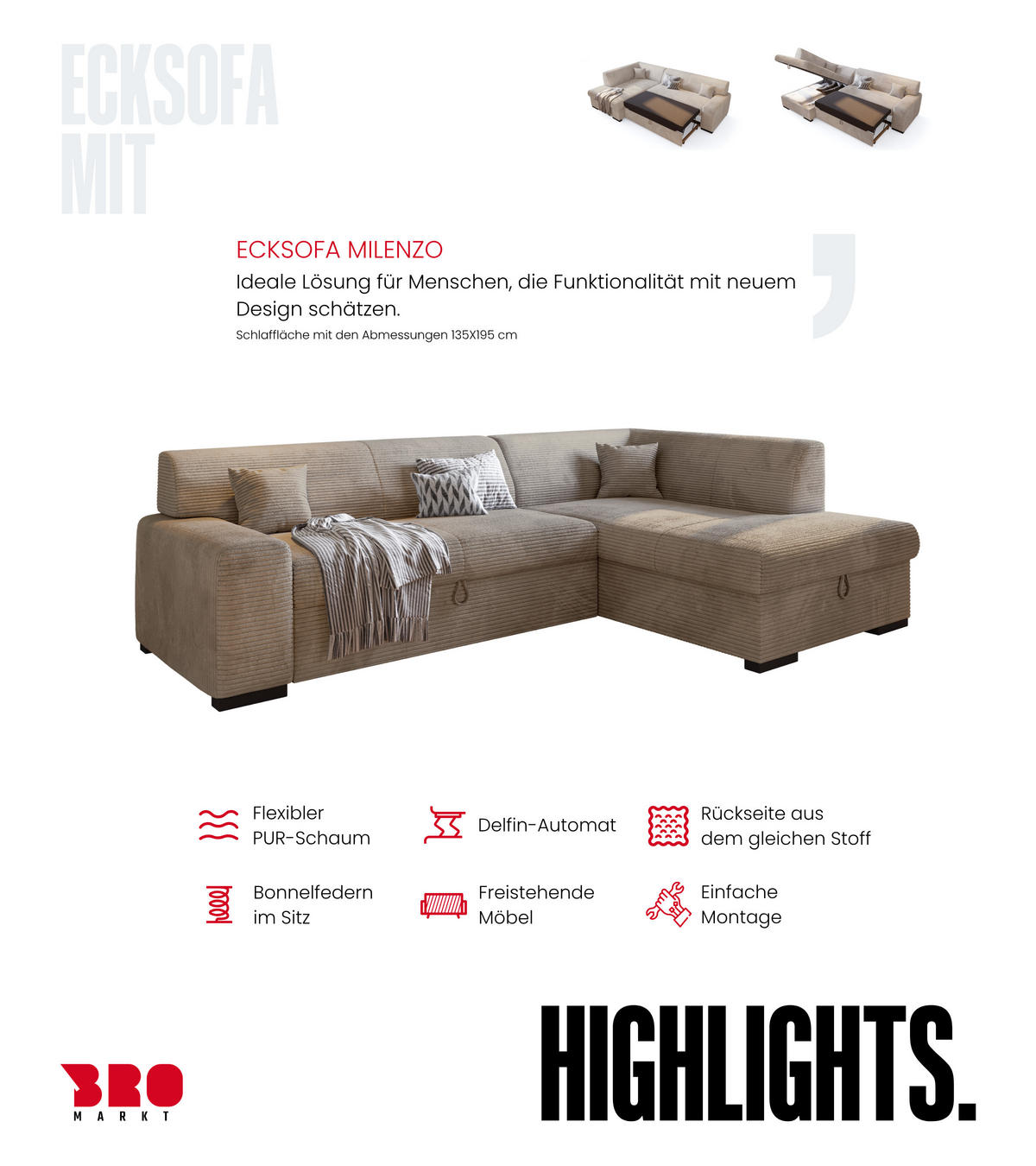 ECKSOFA mit Schlaffunktion Cordstoff MILENZO Beige Links - Beige, Holz (260/175cm) - Bromarkt
