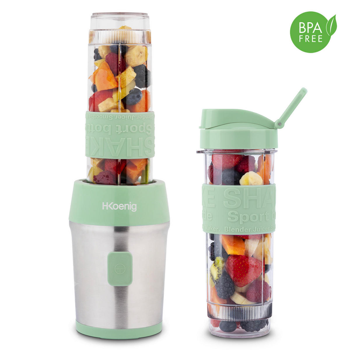 SMOOTHIE Maker SMOO18 Grün, 570ml, BPA-frei, 2 tragbare Flaschen, Edelstahlklingen, 300W - Grün, Metall (11.3/35/15cm) - HKoenig